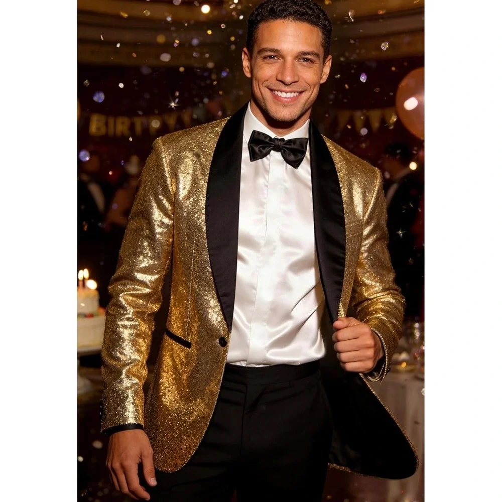 NWT Coucoland Gold Sequin Disco Blazer Jacket 70s Party Tuxedo Costume Men XL